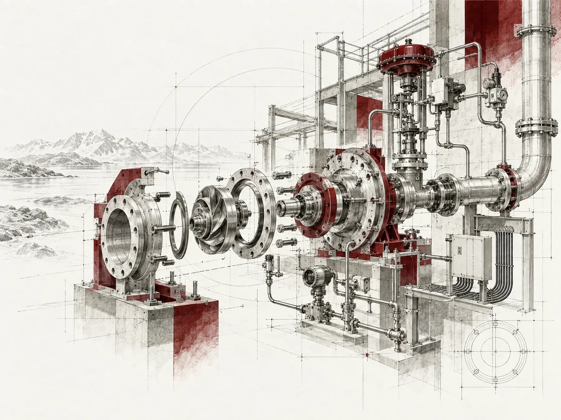 Exploded industrial equipment, valve, piping and system integration engineering illustration
