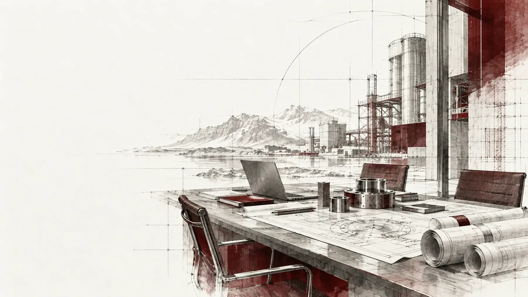 Industrial project engineering discussion with technical drawings and component samples