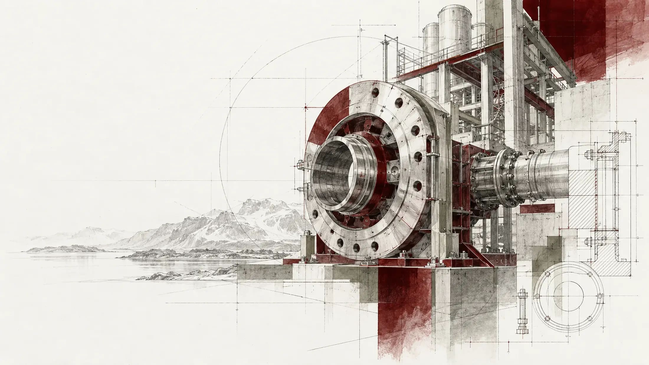BLENWICK industrial engineering illustration with process equipment, piping and technical construction lines