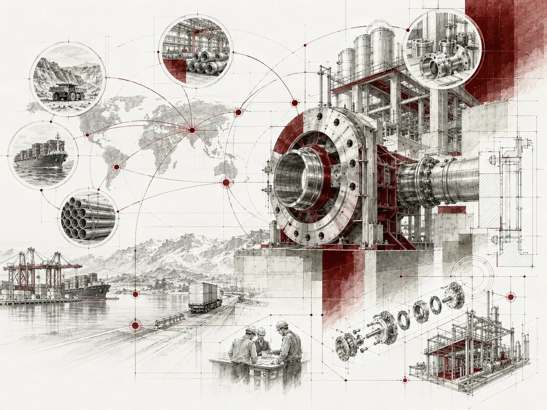Technical procurement, global industrial sourcing and project coordination illustration
